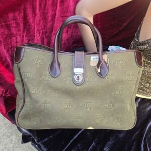 Dooney & Bourke DB Logo Canvas Satchel Brown Leather Trim Shoulder Strap